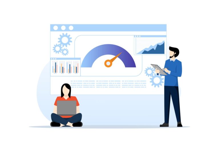 Illustration of people analyzing answer engine performance metrics to represent answer engine optimization.
