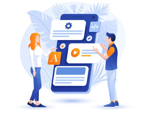 Illustration of two people reviewing app interface elements on a large mobile screen to represent app store optimization