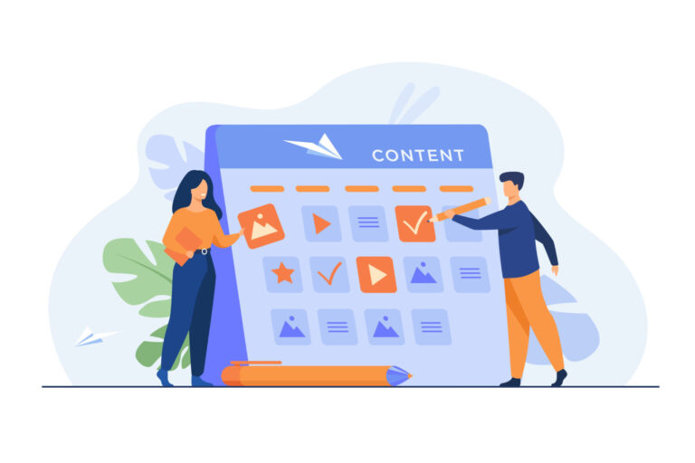 Illustration of marketers planning and organizing content in a digital content calendar