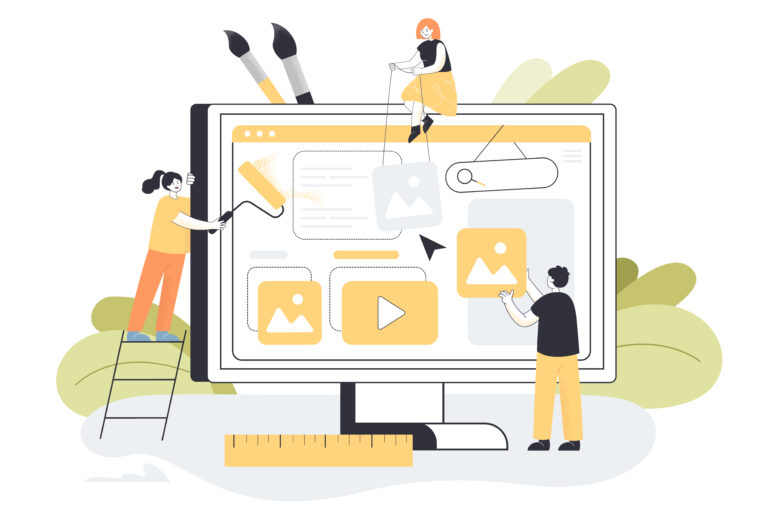 Illustration of designers building a custom website interface on a large screen.