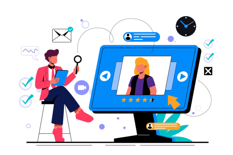 Illustration of a person reviewing testimonial videos on a large screen with rating stars and communication icons.