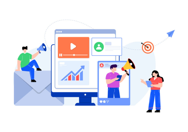 Illustration of people managing digital marketing channels on a computer screen, representing digital marketing services.