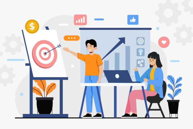 Illustration of two people reviewing a marketing strategy with charts, a target board, and growth metrics.