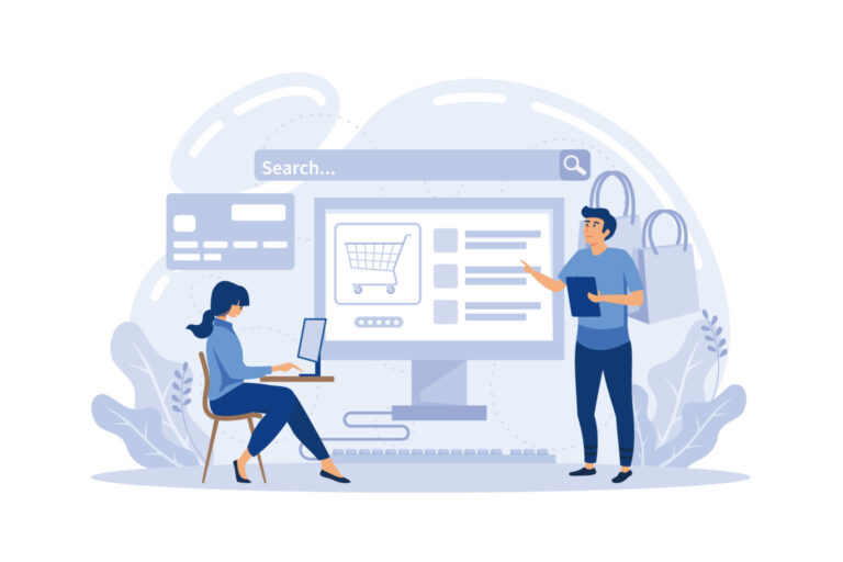 Illustration of two people working on an ecommerce website interface with shopping icons and a large screen.