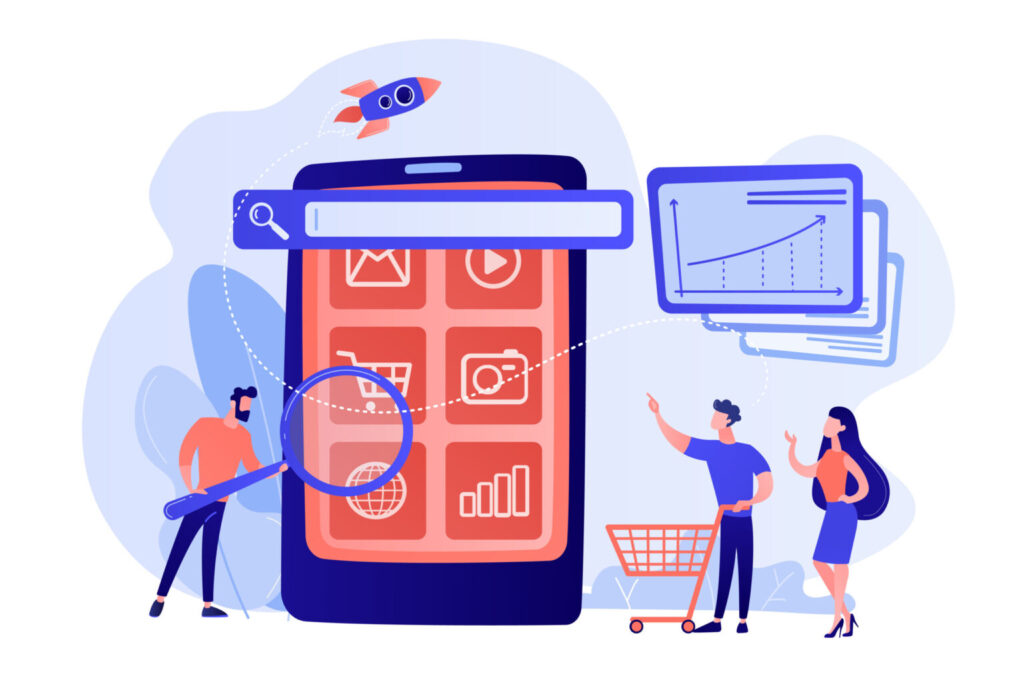 Illustration of people analyzing an online store interface to improve visibility for eCommerce SEO