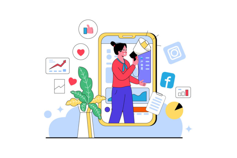 Illustration of a marketer using a megaphone beside a large smartphone screen with Facebook and social media icons floating around.