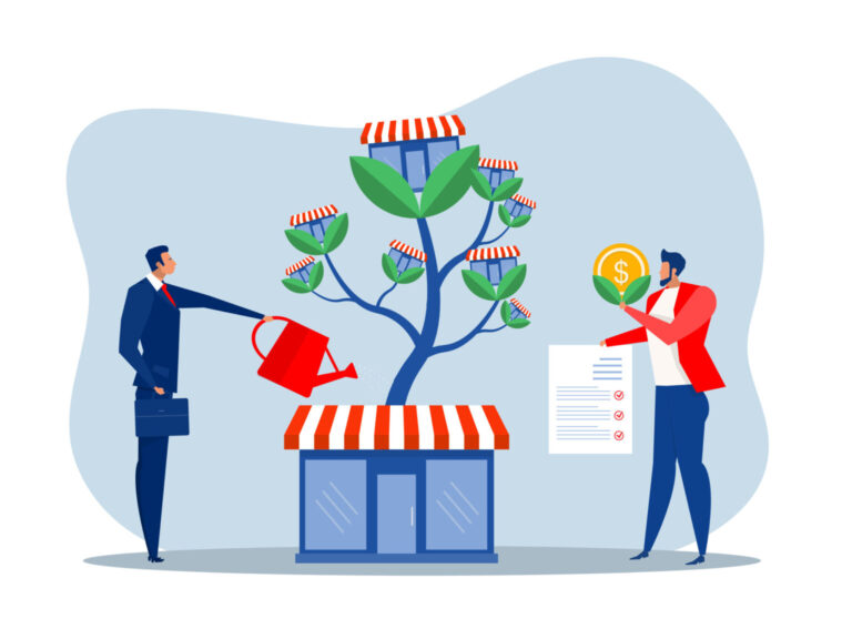 Illustration of franchise owners nurturing a growing business tree, symbolizing scalable local digital marketing.