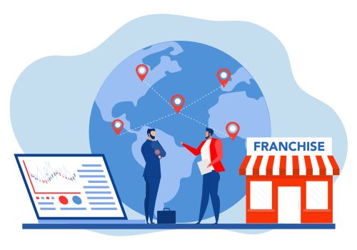 Illustration of two people analyzing franchise locations on a world map to represent franchise SEO