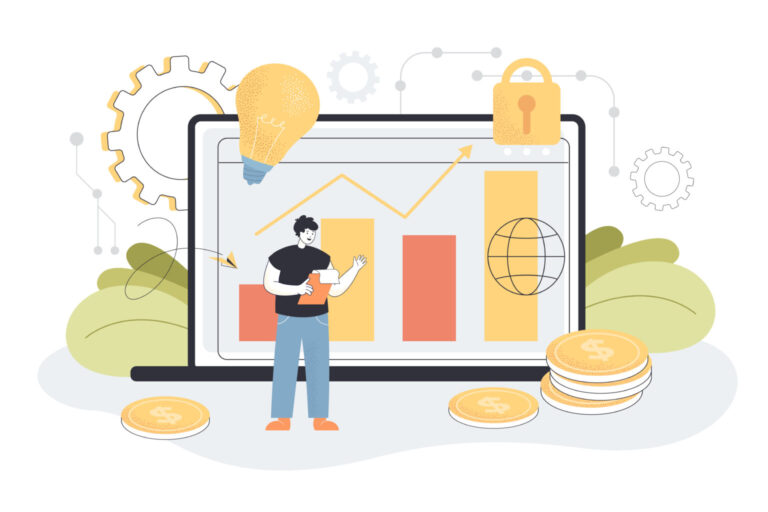 Illustration of a person reviewing Google Business Profile performance on a laptop with growth charts and coins.