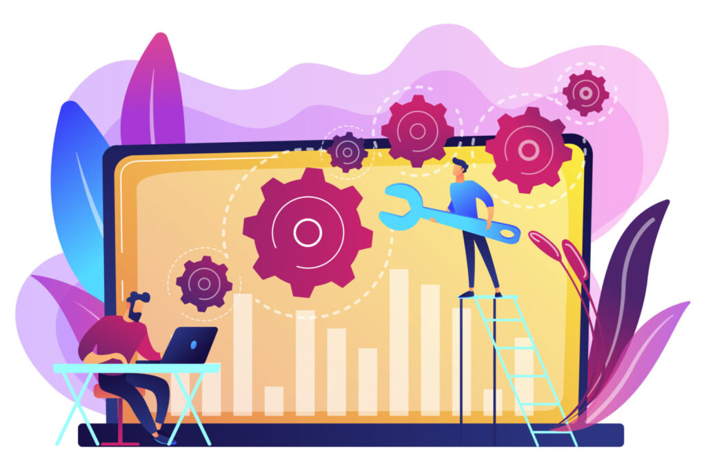 Illustration of two people optimizing a large screen with gears and data visuals to represent generative engine optimization