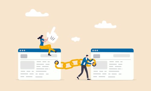Illustration of people connecting two web pages with a chain to represent link building services