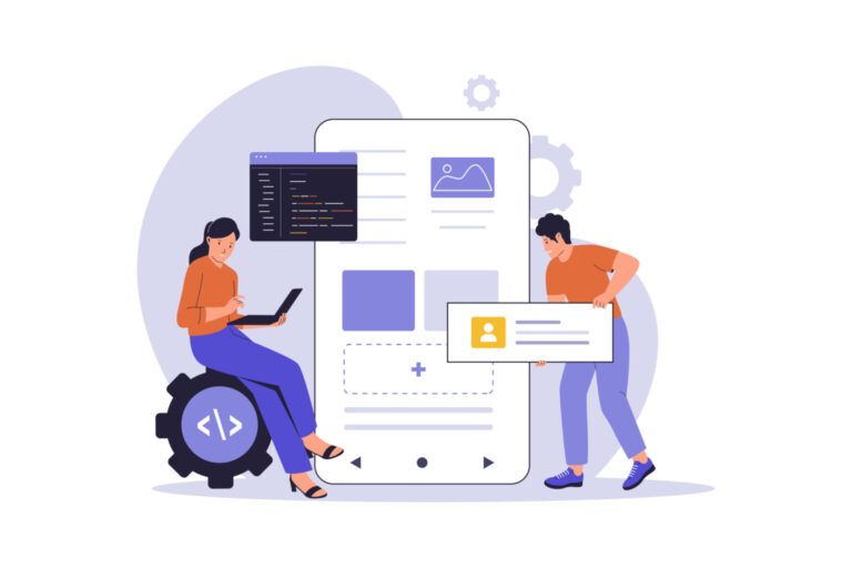 Illustration of developers designing and building a mobile app interface on a large smartphone screen.
