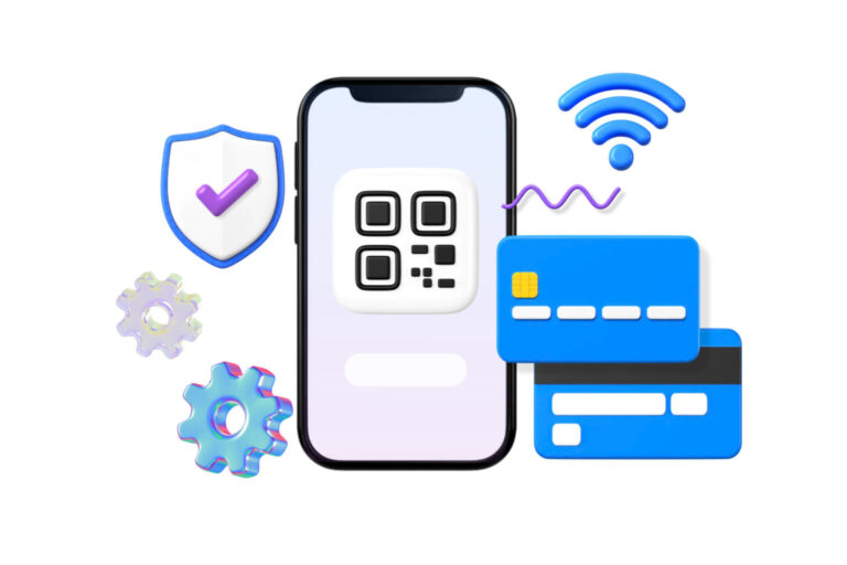 Illustration of a smartphone with a QR code, credit cards, security shield, and payment icons representing digital payment processing.