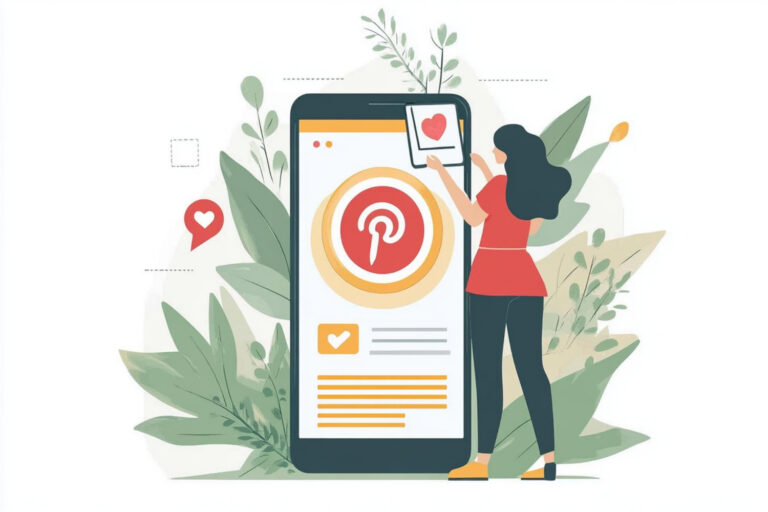 Illustration of a woman interacting with a Pinterest mobile app used to represent Pinterest marketing services