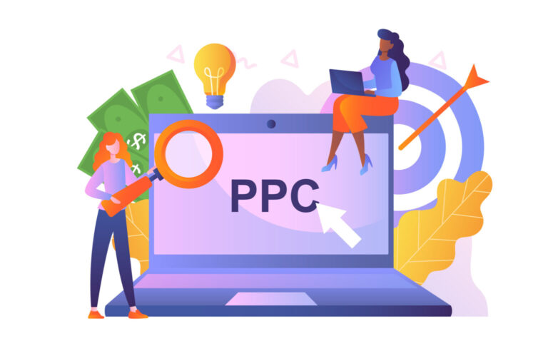 Illustration of marketers working around a laptop displaying “PPC,” symbolizing pay-per-click advertising campaigns.