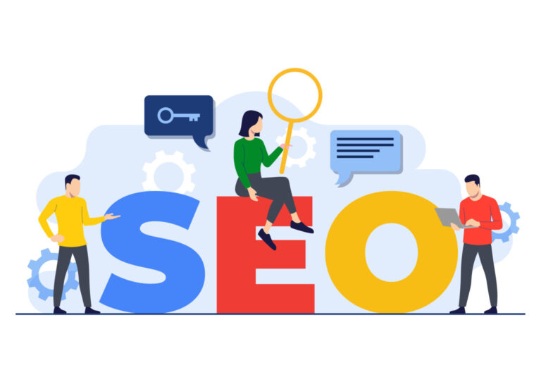 Illustration of people optimizing search rankings for a Search Engine Optimization (SEO) service.