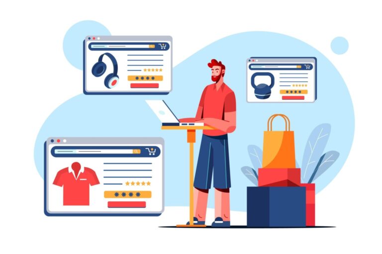 Illustration of a man using a laptop to design a Shopify store with product screens and shopping bags around him.