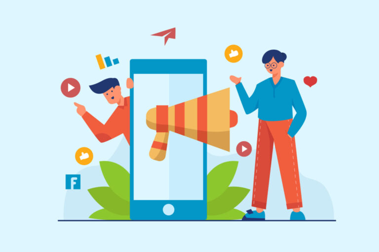 Illustration of two people promoting content through a smartphone with social media icons to represent social media advertising.