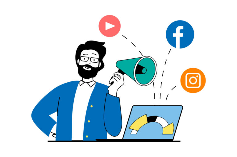 Illustration of a marketer using a megaphone with social media icons representing social media marketing.