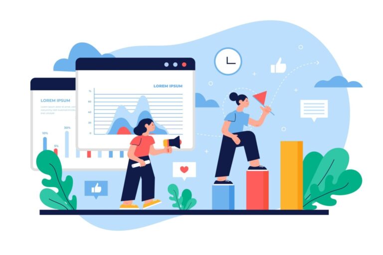 Illustration of people analyzing social media performance charts to represent social media optimization.