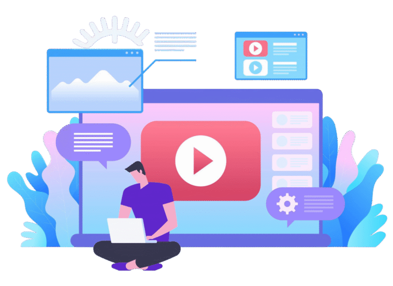 Illustration of a person optimizing video content on a laptop with large play-button screen and SEO elements around it.