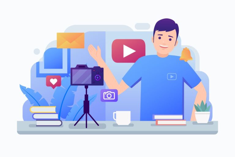 Illustration of a vlogger filming content with a camera setup, surrounded by social media icons and books.