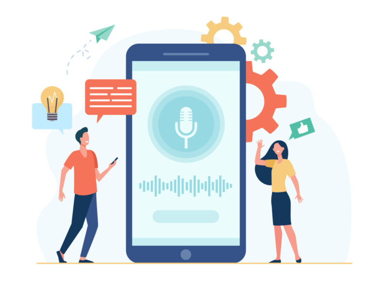 Illustration of people using a smartphone with a voice search interface to represent voice search optimization