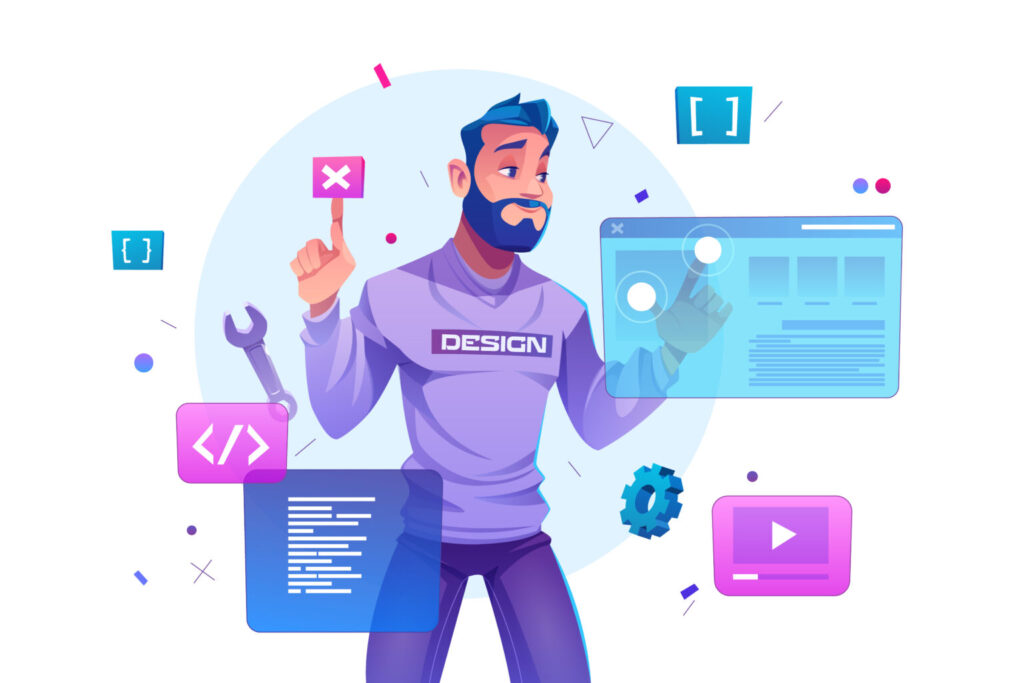 Illustration of a web developer interacting with interface elements and code icons.