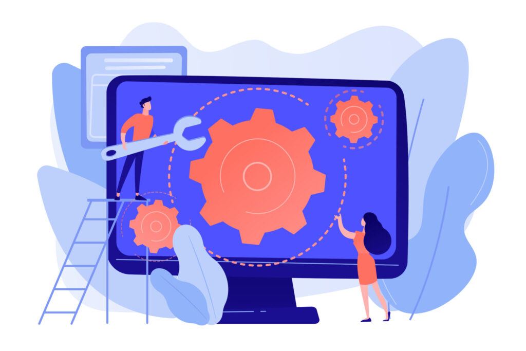 Illustration of two people maintaining a website with tools and gears on a large monitor.