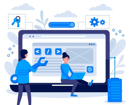 Illustration of developers redesigning a website interface on a large laptop screen.