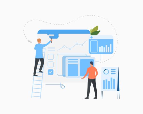 Illustration of two people enhancing a website interface to represent white-label SEO services