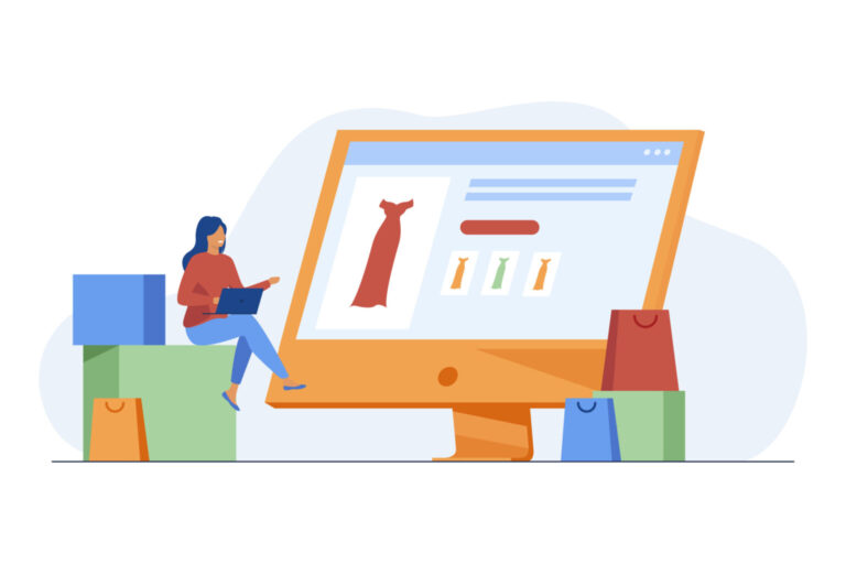 Illustration of a woman working on a laptop beside a large ecommerce product page displaying dresses and shopping bags.