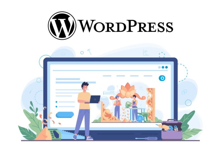 Illustration of a developer standing in front of a large WordPress website screen with design elements and tools.
