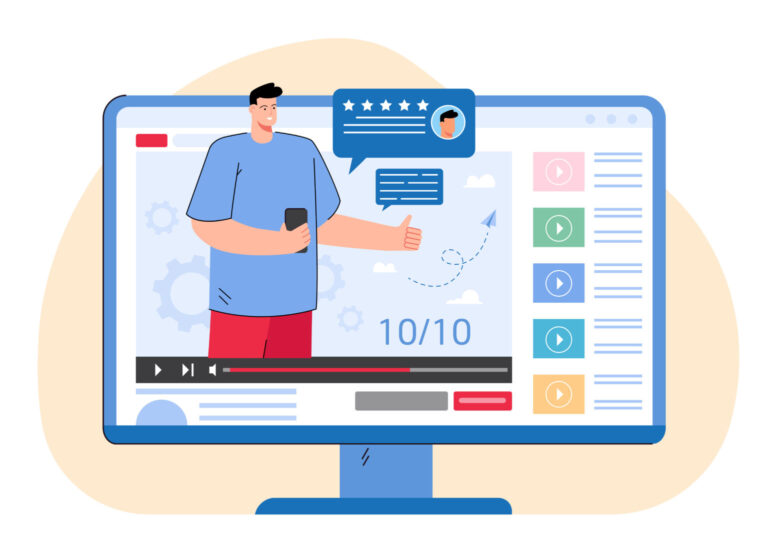 Illustration of a man giving a thumbs up on a YouTube-style video screen with engagement icons and viewer comments.